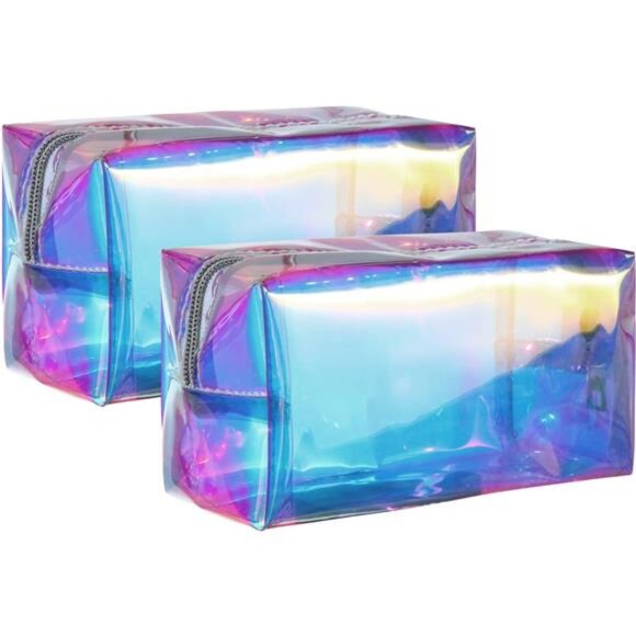 2 Pcs Clear Iridescent Holographic Makeup Bag Glitter Travel Cosmetic Pouches - Picture 1 of 8